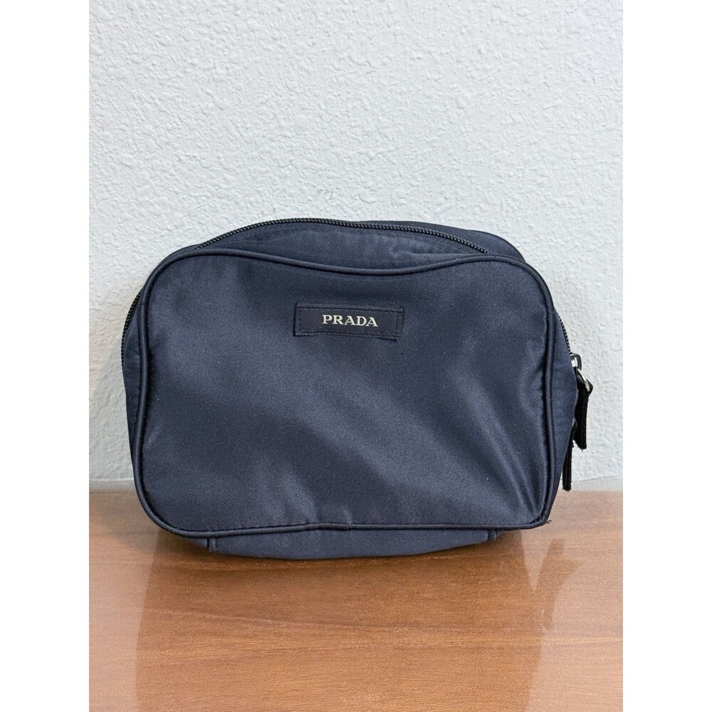 Prada Navy Blue Satin Pouch Cosmetic Bag Authentic Preowned